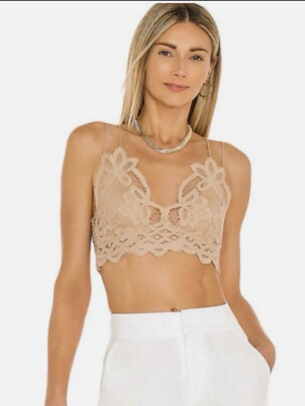 Free people Beige Lace Bralette Crop Top with Floral Detail